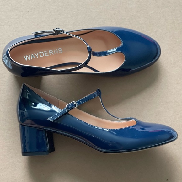 Navy Patent Mary Jane T-strap Low Heels - Picture 5 of 11